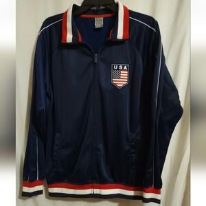 Y2K  Rhinox USA Satin Blue Jacket Mens Med USA Flag Striped Sports Athletic Gym